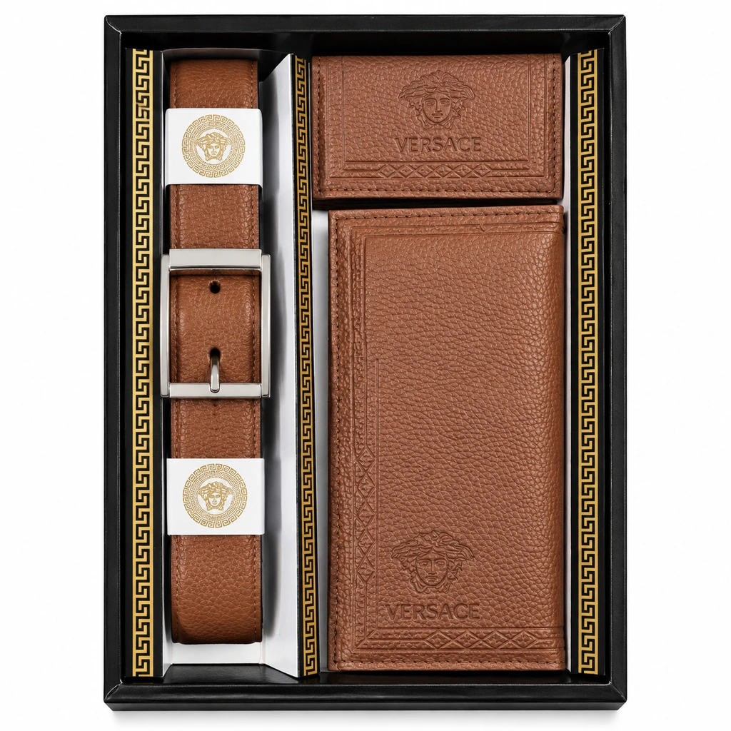 کیف پول ست مردانه چرم طرح ورساچه (شامل کمربند، کیف کتی و جاکارتی)