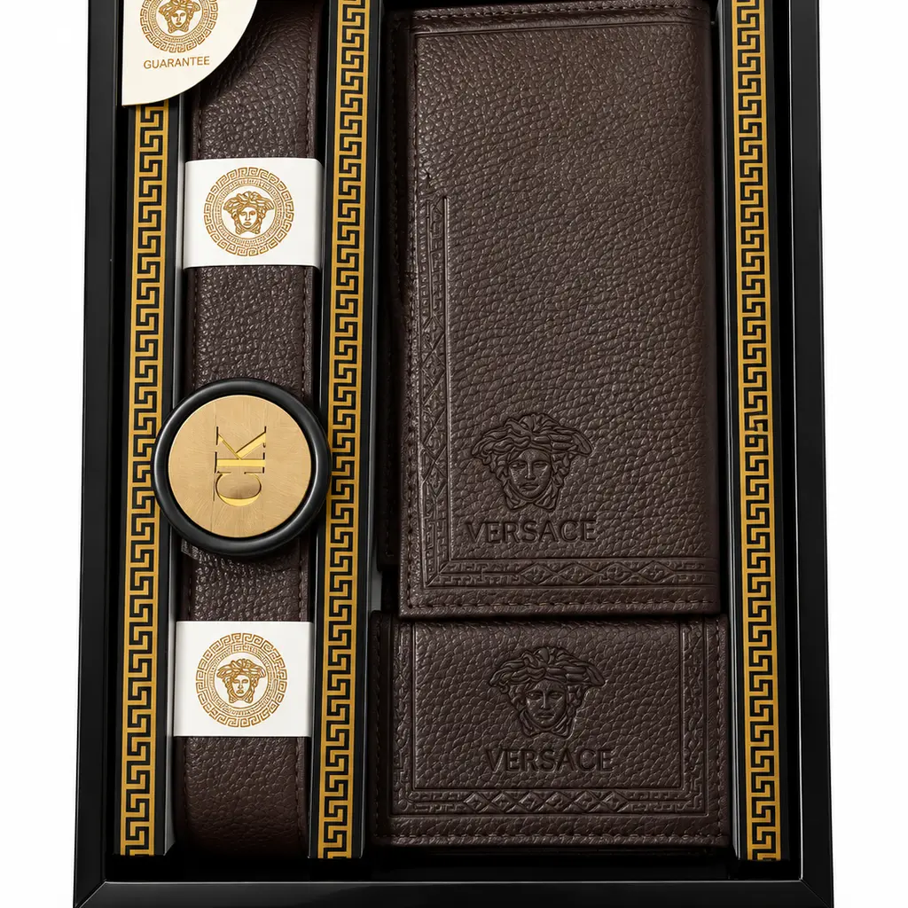 کیف پول ست مردانه چرم طرح ورساچه (شامل کمربند، کیف کتی و جاکارتی)